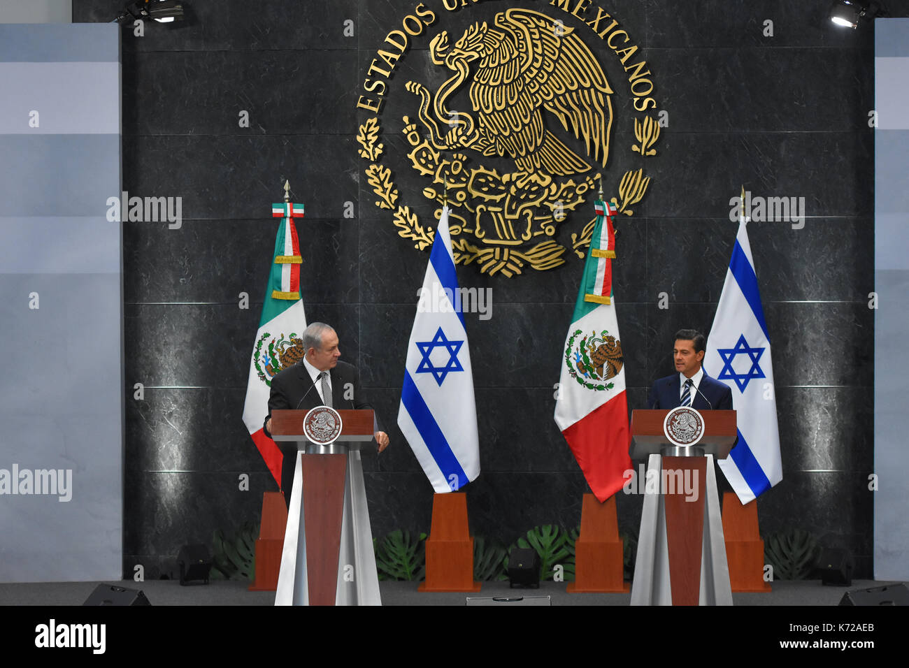 Mexico City, Mexico. 14th Sep, 2017. Israeli Prime Minister Benjamin Netanyahu (L) and President of Mexico Enrique Pena Nieto (R) seen during the meeting with the media at Los Pinos presidential residence. Credit: SOPA Images Limited/Alamy Live News Stock Photo