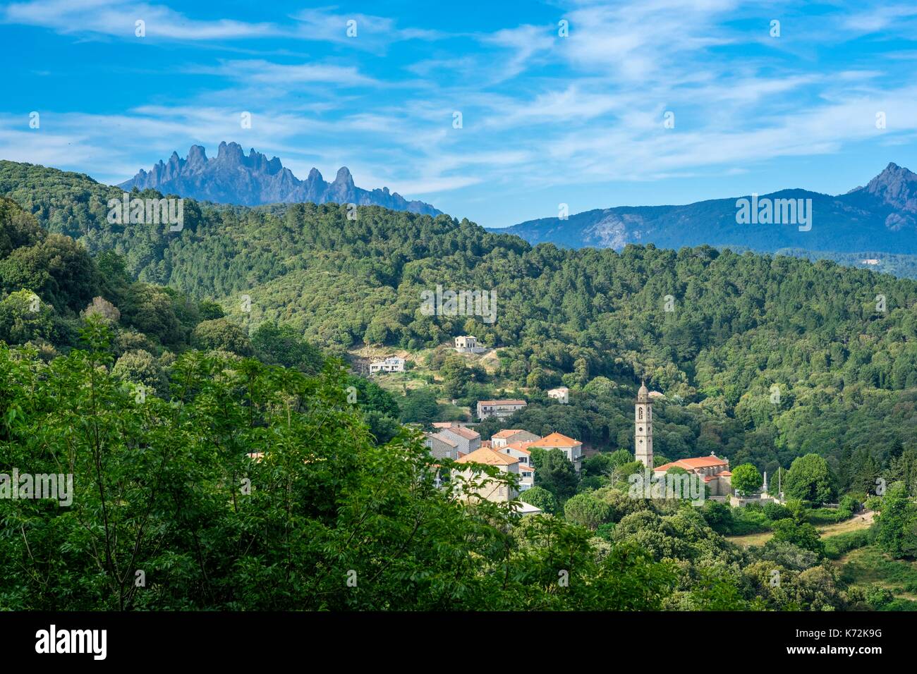 France, Corse-du Sud (2A), Alta Rocca region, Mare a Mare Sud hiking trail, stop at Levie village, Aiguilles de Bavella in the background Stock Photo