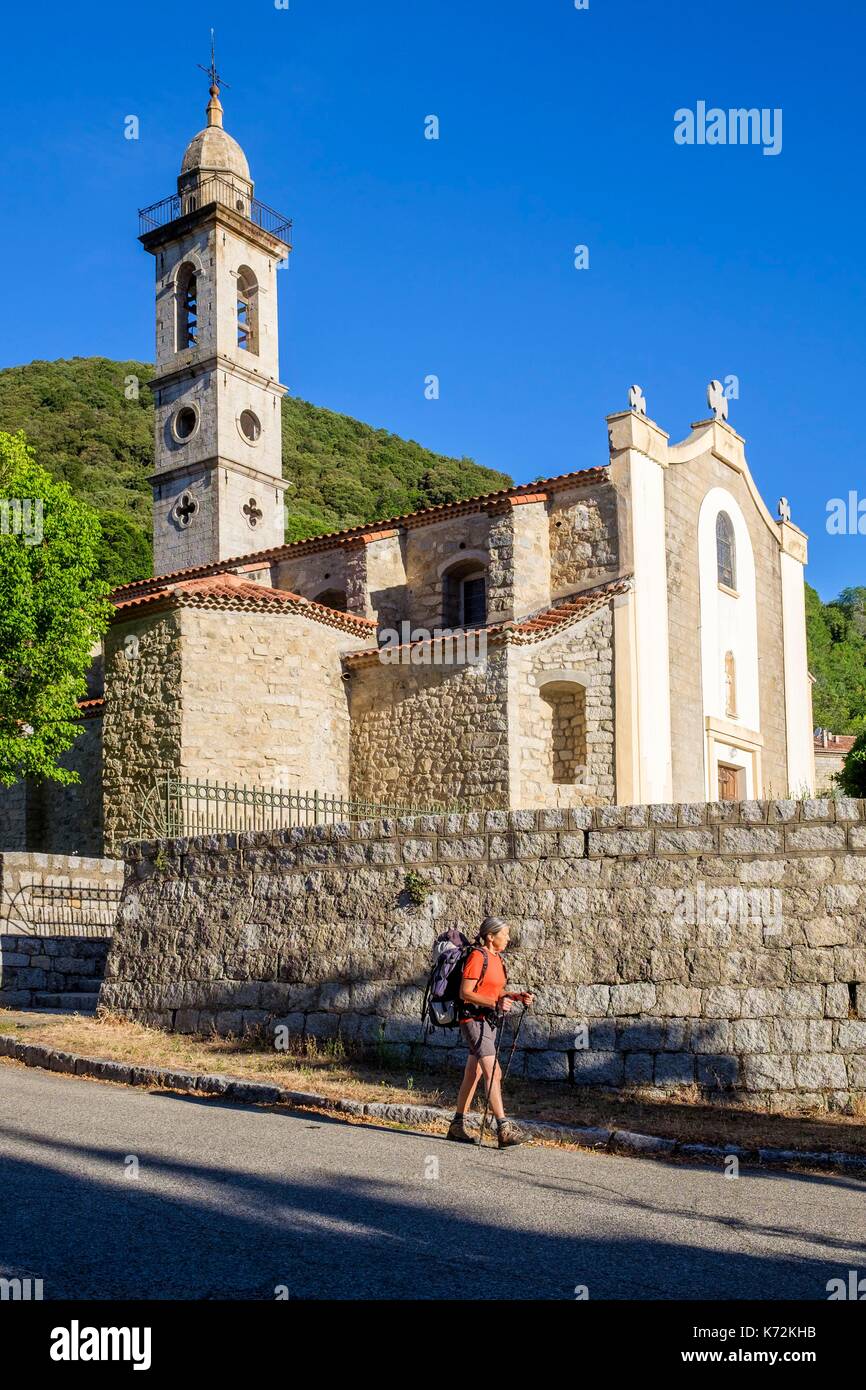 France, Corse-du Sud (2A), Alta Rocca region, Mare a Mare Sud hiking trail, stop at Levie village, 15th century Saint Nicolas church Stock Photo