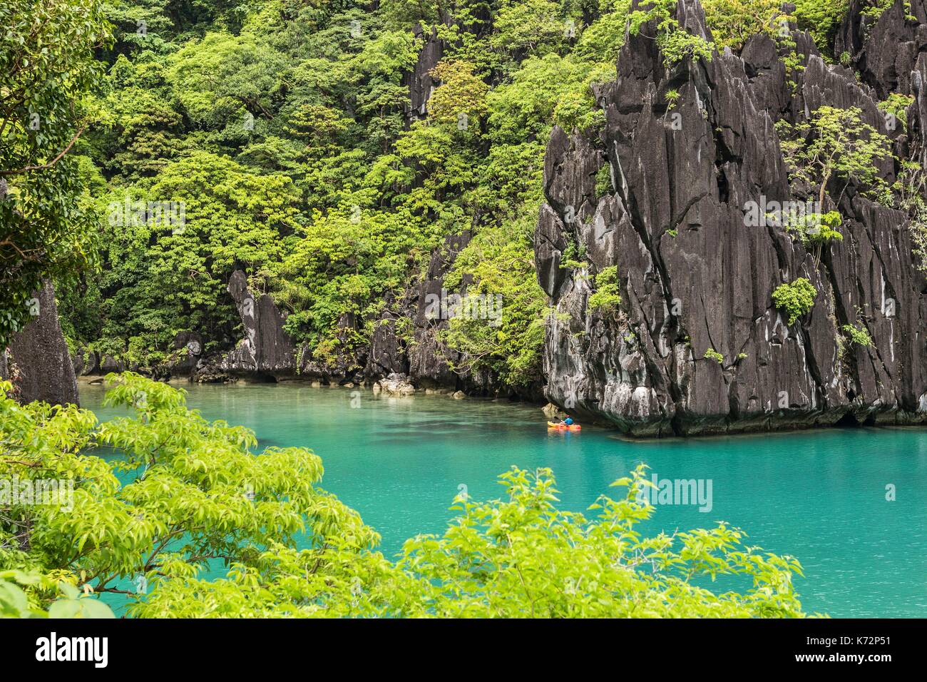 Philippines, Palawan, El Nido, Cadlao Island, tourist kayaking in