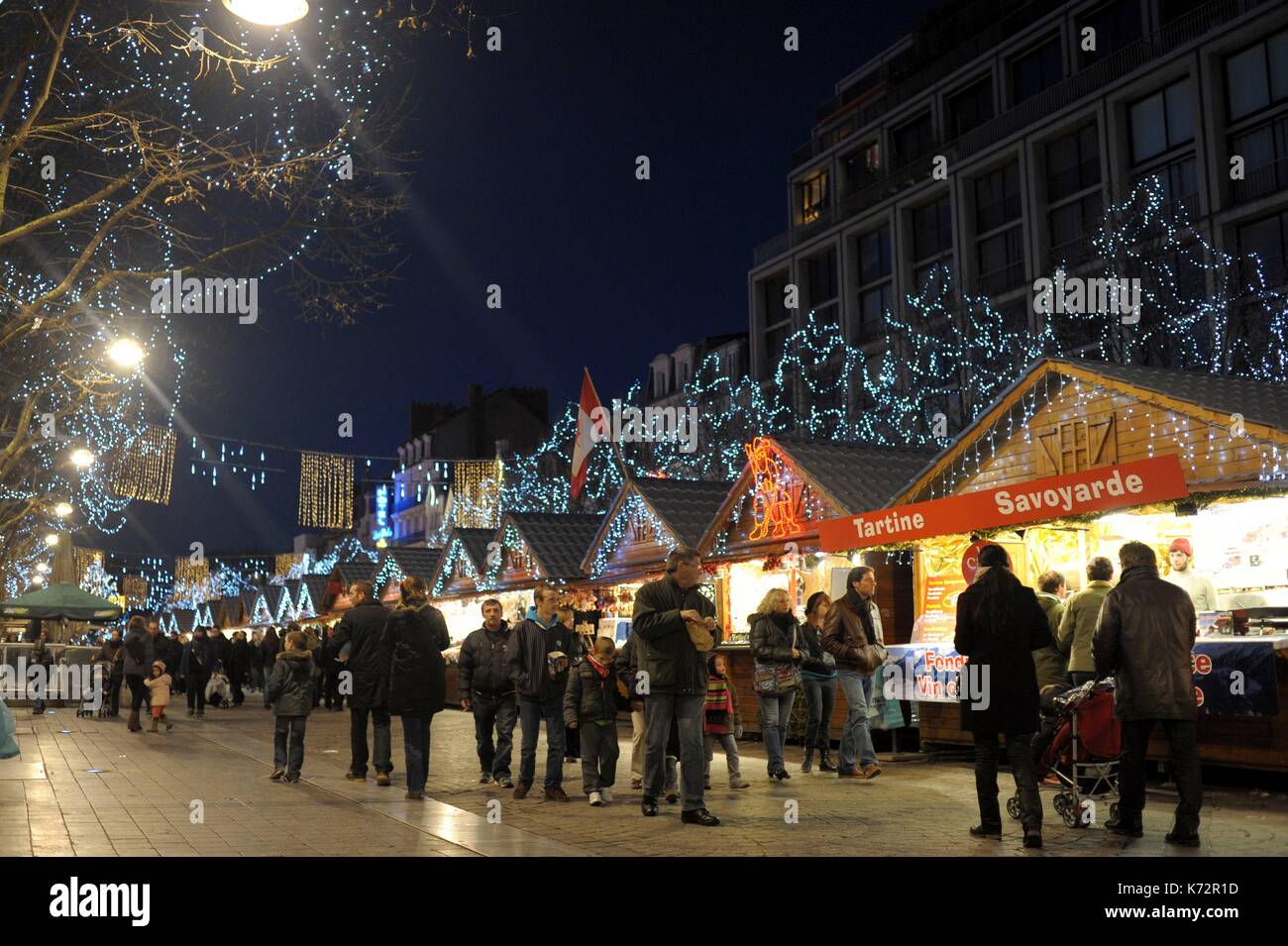 France, Marne, Reims, night views and stalls from the christmas market at Place d