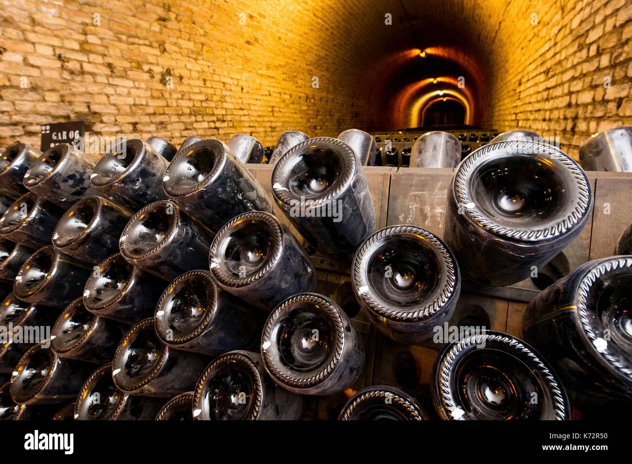 France, Marne, Ay, bottles and cave of Bollinger champagne Stock Photo
