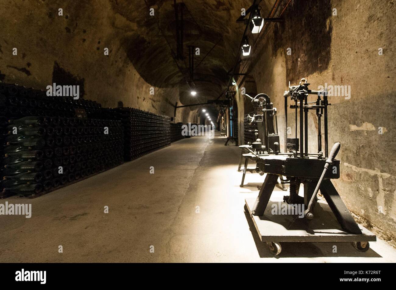 France, Marne, Reims, old machine for corking the bottles inside a