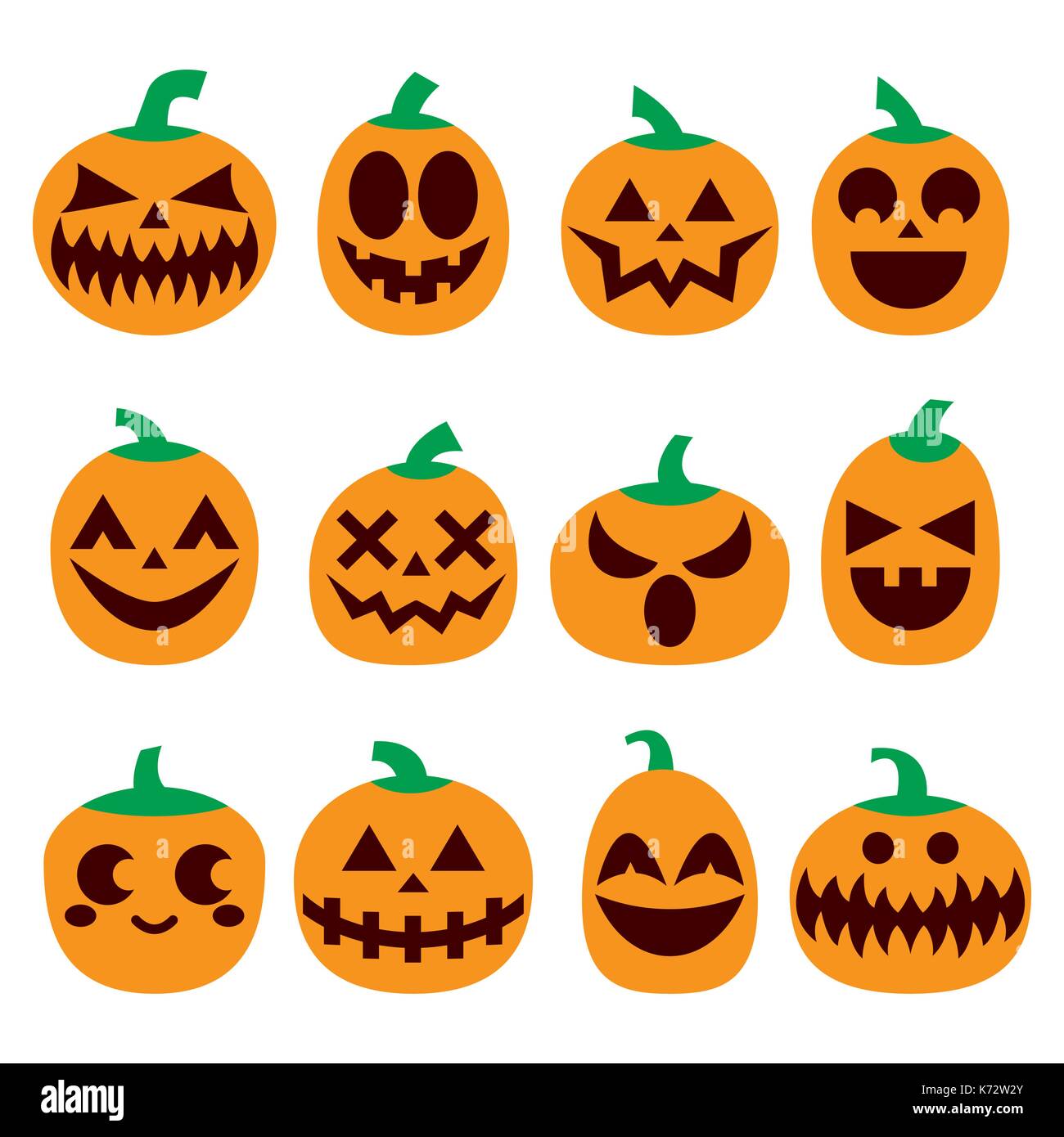 Pumpkin vector icons set, Halloween scary faces design set, horror ...