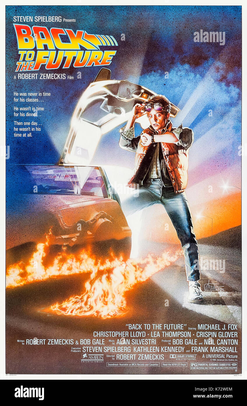 Back to the Future (1985) directed by Robert Zemeckis and starring Michael J. Fox, Christopher Lloyd and Lea Thompson. Marty McFly tries to get back from 1955 in a time traveling DeLorean designed by Doc Brown. Great balls of fire! Stock Photo