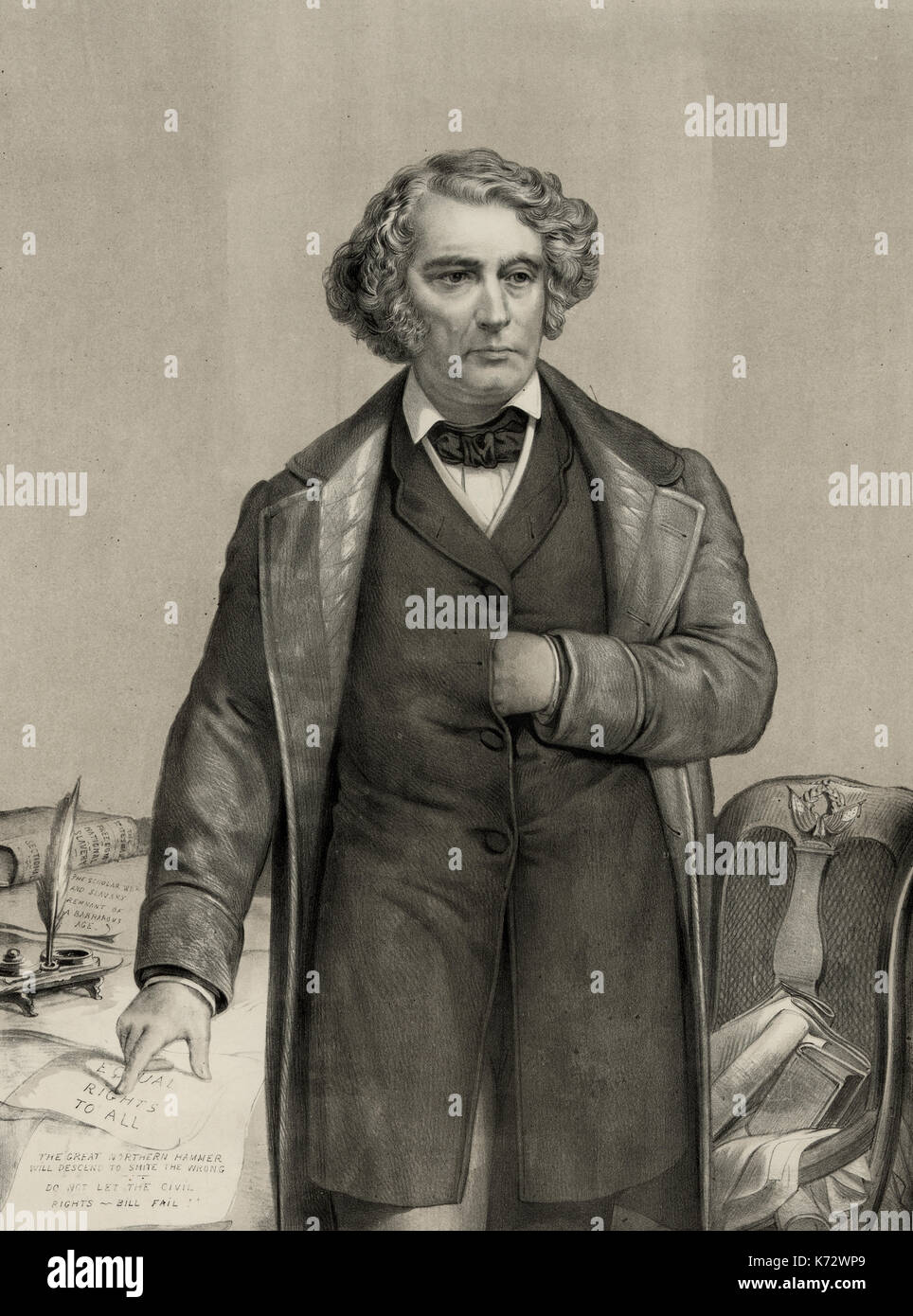 Charles Sumner, three-quarter length portrait, standing, facing slightly right, hand resting on paper that reads: 'Equal rights to all.' 1874 Stock Photo