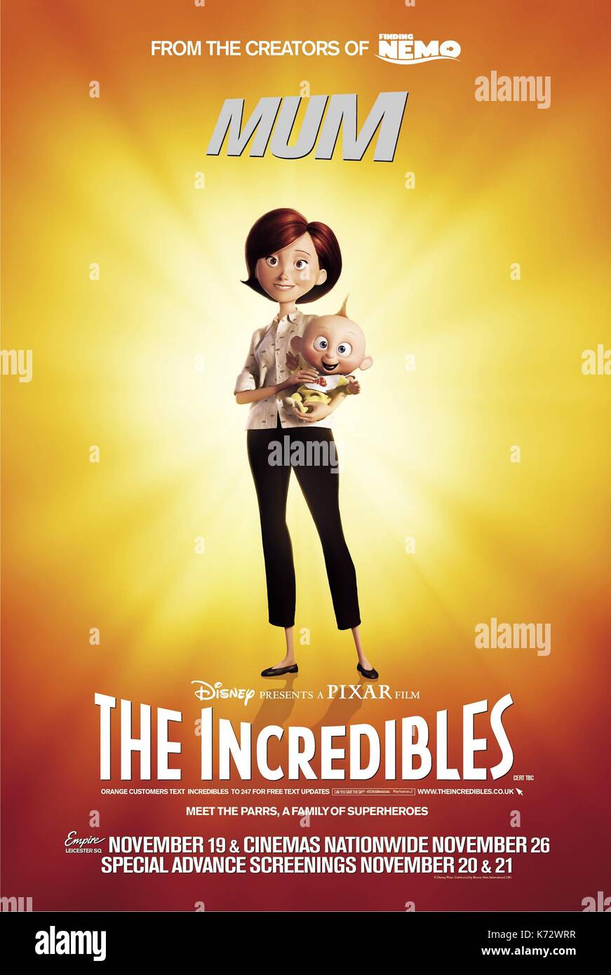 The Incredibles  Year 2004 USA  Director : Brad Bird  Animation  Movie poster (USA)    .  It is forbidden to reproduce the photograph out of context of the promotion of the film. It must be credited to the Film Company and/or the photographer assigned by or authorized by/allowed on the set by the Film Company. Restricted to Editorial Use. Photo12 does not grant publicity rights of the persons represented. Stock Photo