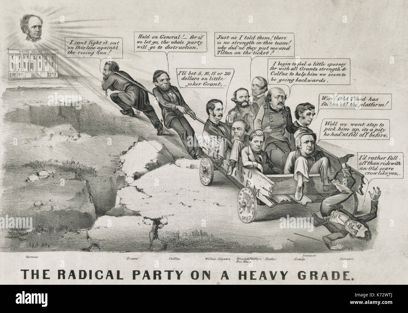 .The Radical Party on a heavy grade - An election-year cartoon, predicting the victory of former New York governor Horatio Seymour in the presidential race. Here, Seymour's head hovers, glowing, above the White House, complacently watching a group of struggling Republicans. Republican candidate Grant and his running mate Colfax draw a wagon, the 'Chicago Platform,' loaded with supporters up a steep hill toward the White House. Charles Wilkes, seated in front of the wagon, wagers, '. . . 5, 10, 15 or 20 dollars on little joker Grant,--' Ohio ex-senator Benjamin Wade grumbles, 'Just as I told t Stock Photo