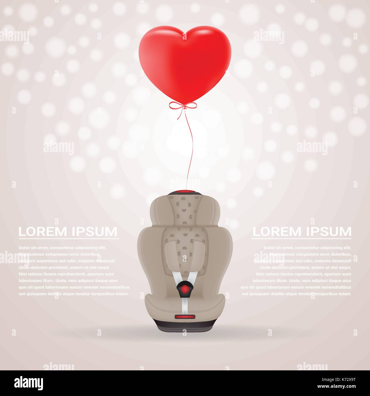 Beige Child Car Seat With Red Baloon In Shape Of Heart Isolated On A Background. Vector Illustration. Stock Vector