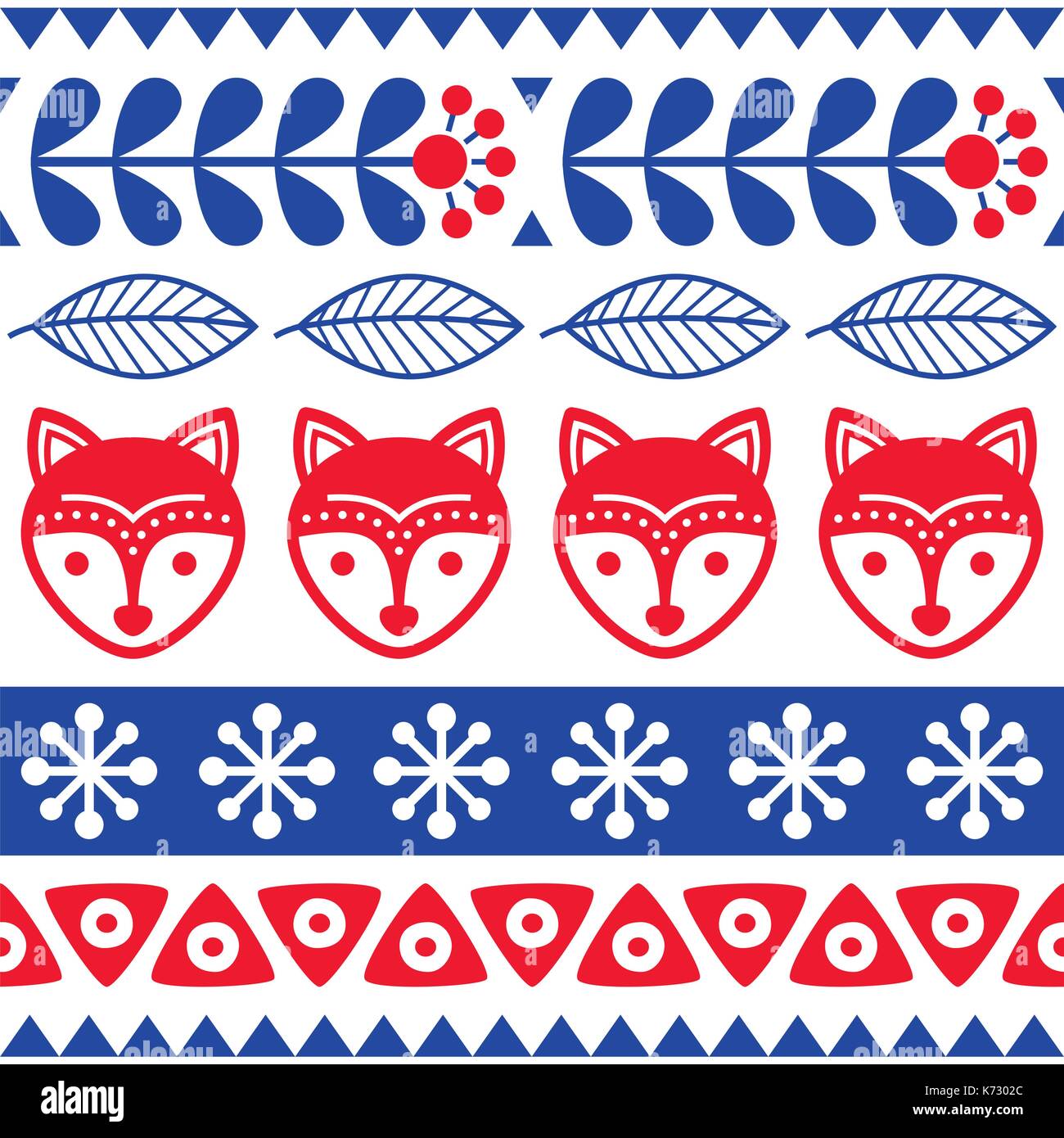 Scandinavian seamless vector folk art pattern - Finnish floral design with foxes , Nordic style Stock Vector
