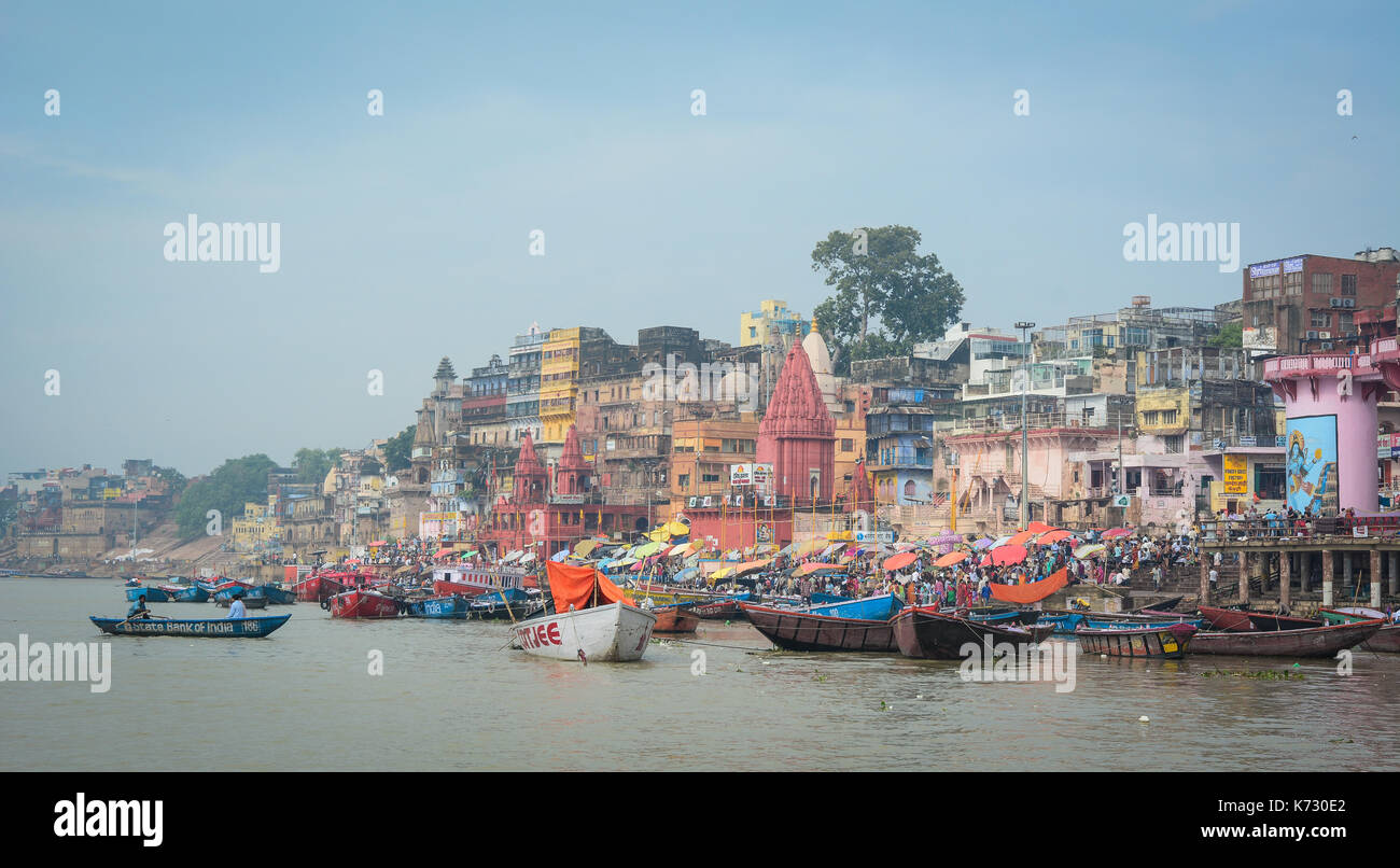 Varanasi, India - Jul 12, 2015. Landscape of the Ganges River in Varanasi, India. Varanasi, once known as Benares or Banaras and Kashi, is a historica Stock Photo