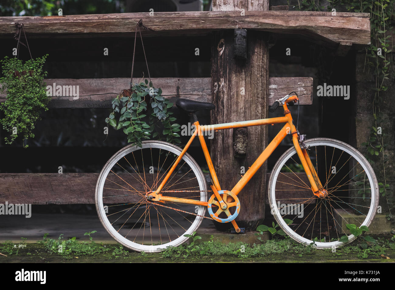 Old fixie bicycle as decoration of hotel in village rustic style in Bali tropical nature Stock Photo