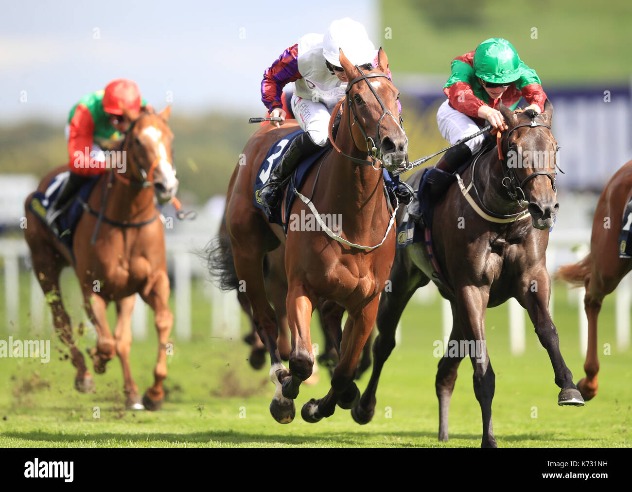 Laurens ridden by P.J. McDonald wins the William Hill May Hill Stakes race during day two of the William Hill St. Leger Festival at Doncaster Racecourse. Stock Photo