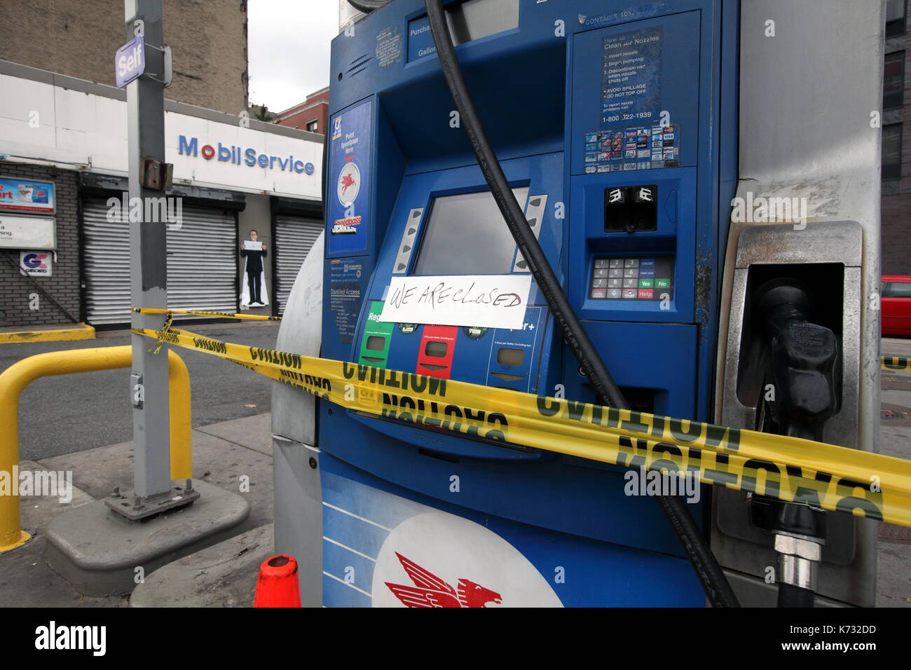 Gas stations are closed due to fuel and power shortages in the aftermath of Hurricane Sandy in New York, New York on November 1, 2012. Stock Photo