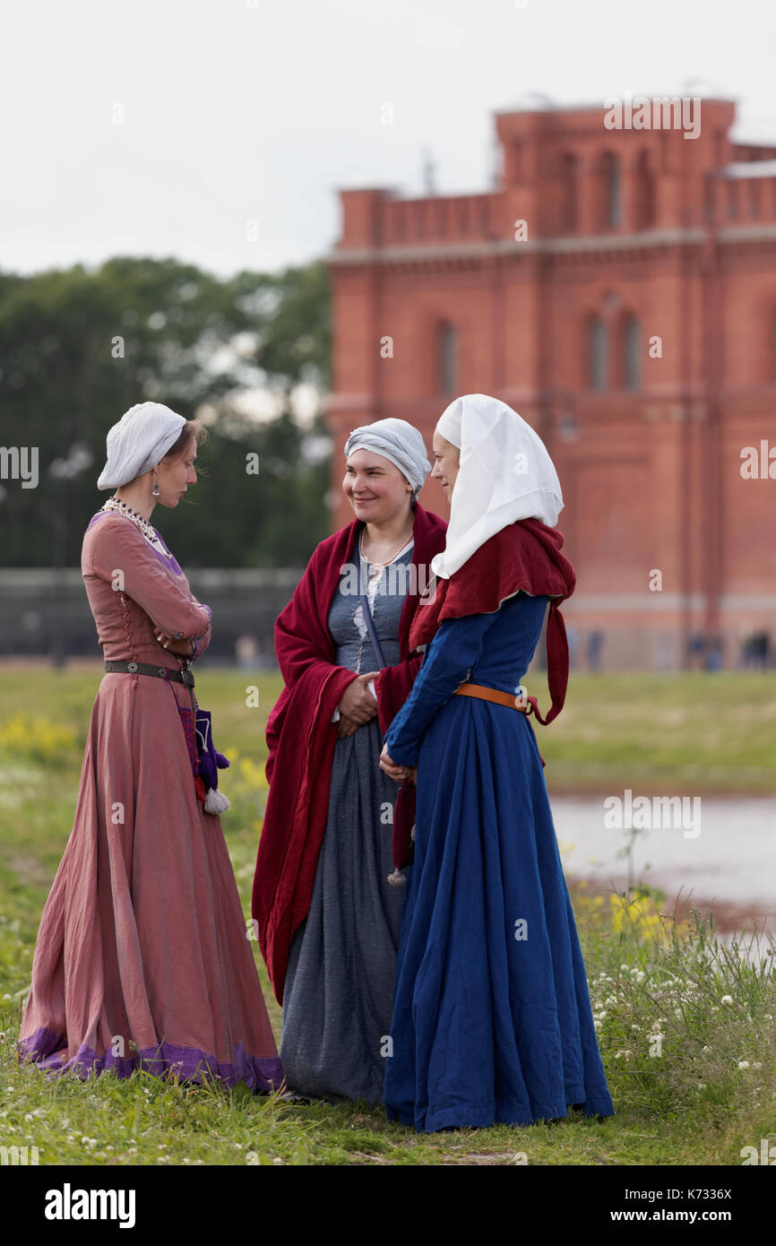 St. Petersburg, Russia - July 8, 2017: Women in medieval clothes during the military history project Battle On Neva at St. Peter and Paul fortress. Th Stock Photo