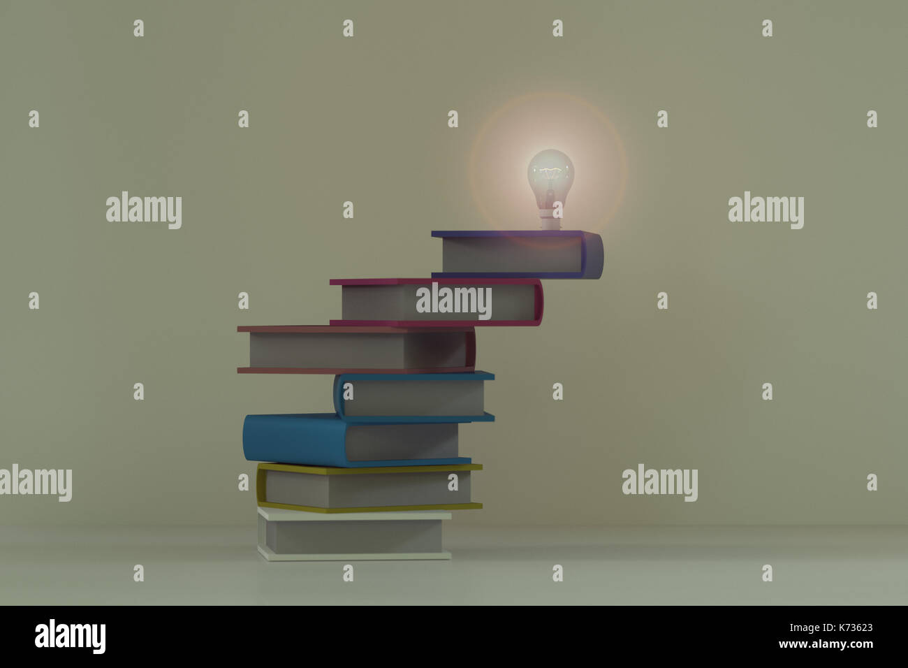 3d rendering of light bulb on stacking book Stock Photo - Alamy