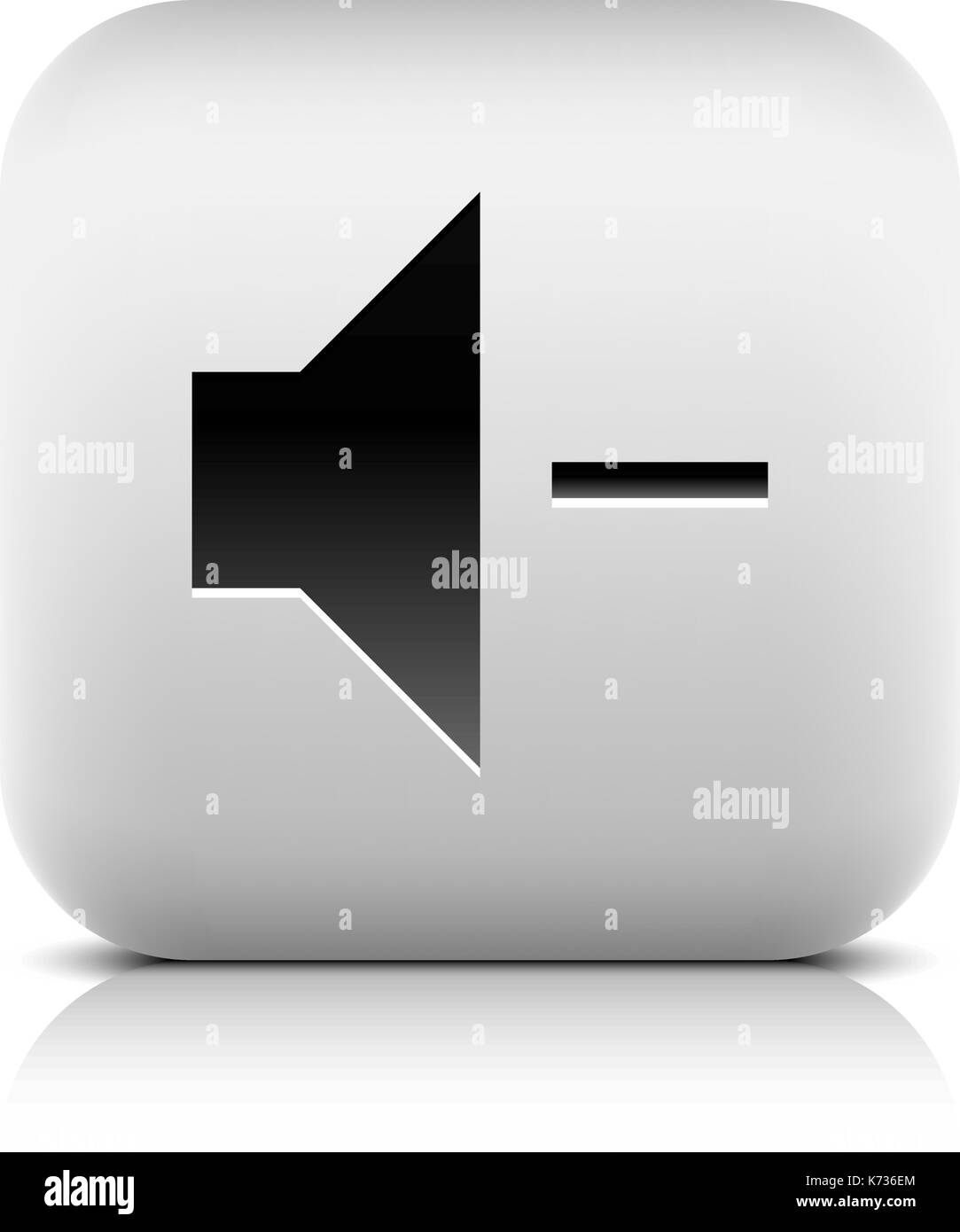 Media player icon with volume decrease sign. Rounded square web button with black shadow gray reflection on white background. Series in a stone style. Stock Vector