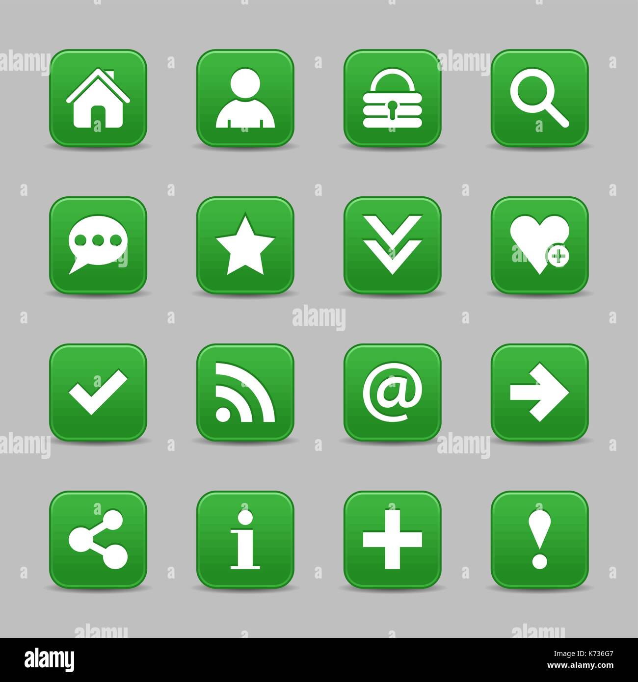 16 green satin icon with white basic sign on rounded square web button with color reflection on background. This vector illustration internet design Stock Vector