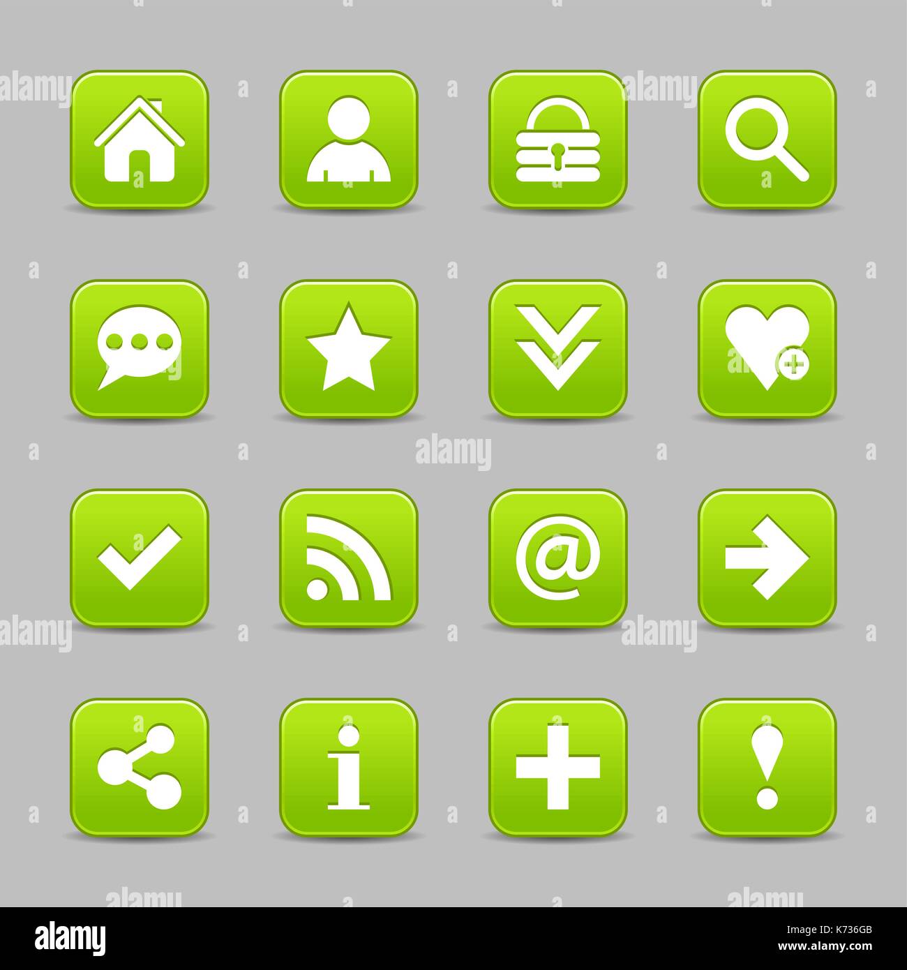 16 green satin icon with white basic sign on rounded square web button with color reflection on background. This vector illustration internet design Stock Vector