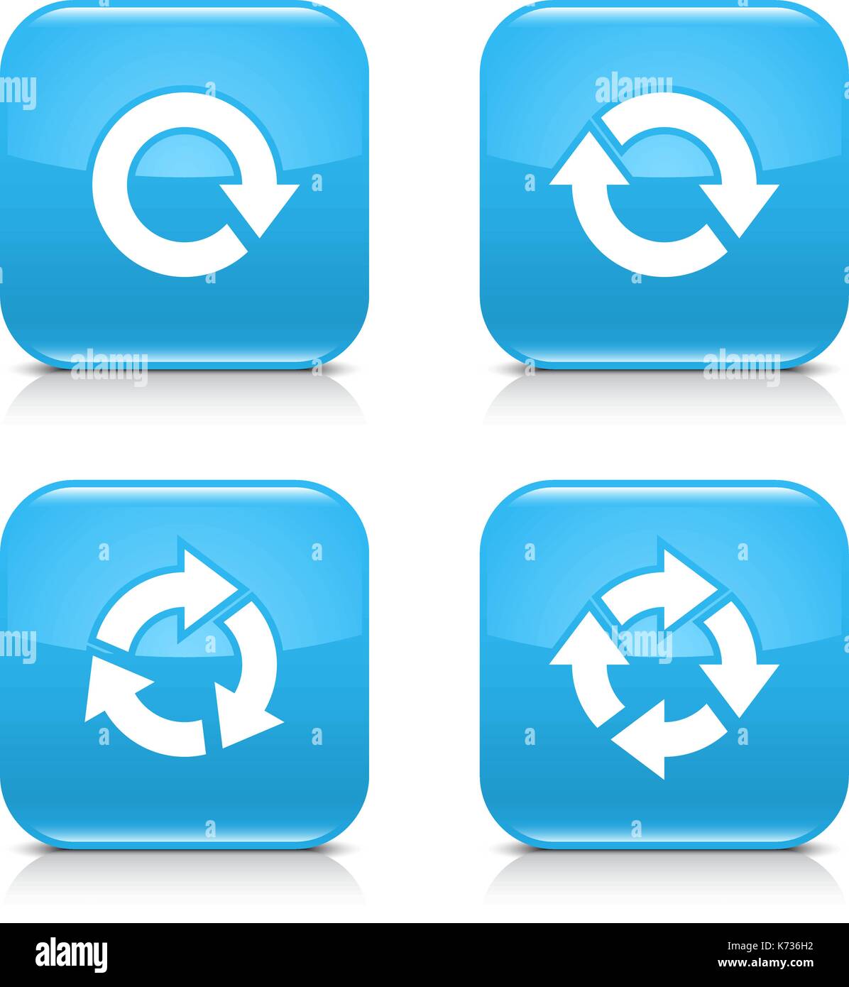 4 arrow icon. White repeat, reload, refresh, rotation sign. Set 03. Blue rounded square button with gray reflection, black shadow on white background. Stock Vector