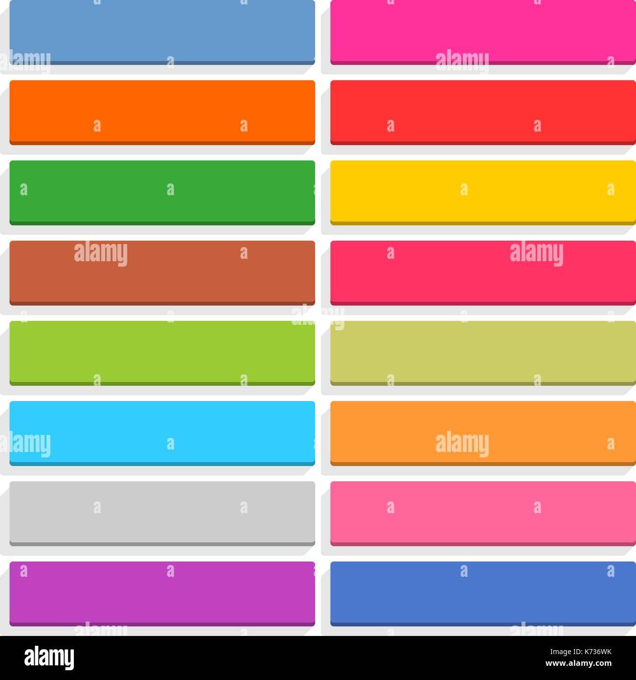 16 blank icon in flat style. Rounded rectangle 3D button with shadow on white background. Blue, red, yellow, green, pink, orange, brown, violet colors Stock Vector