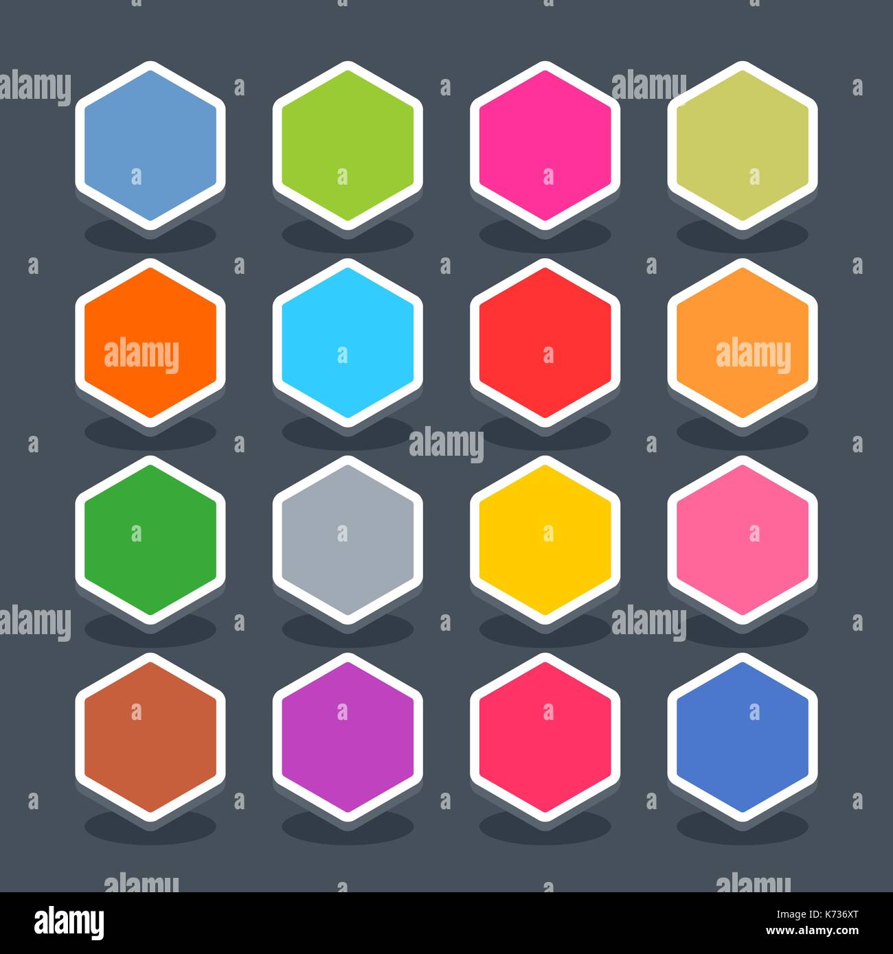 16 3d blank icon in flat style. Set 01 hover variant . Colored smooth hexagon button with oval shadow on gray background. Vector illustration web inte Stock Vector