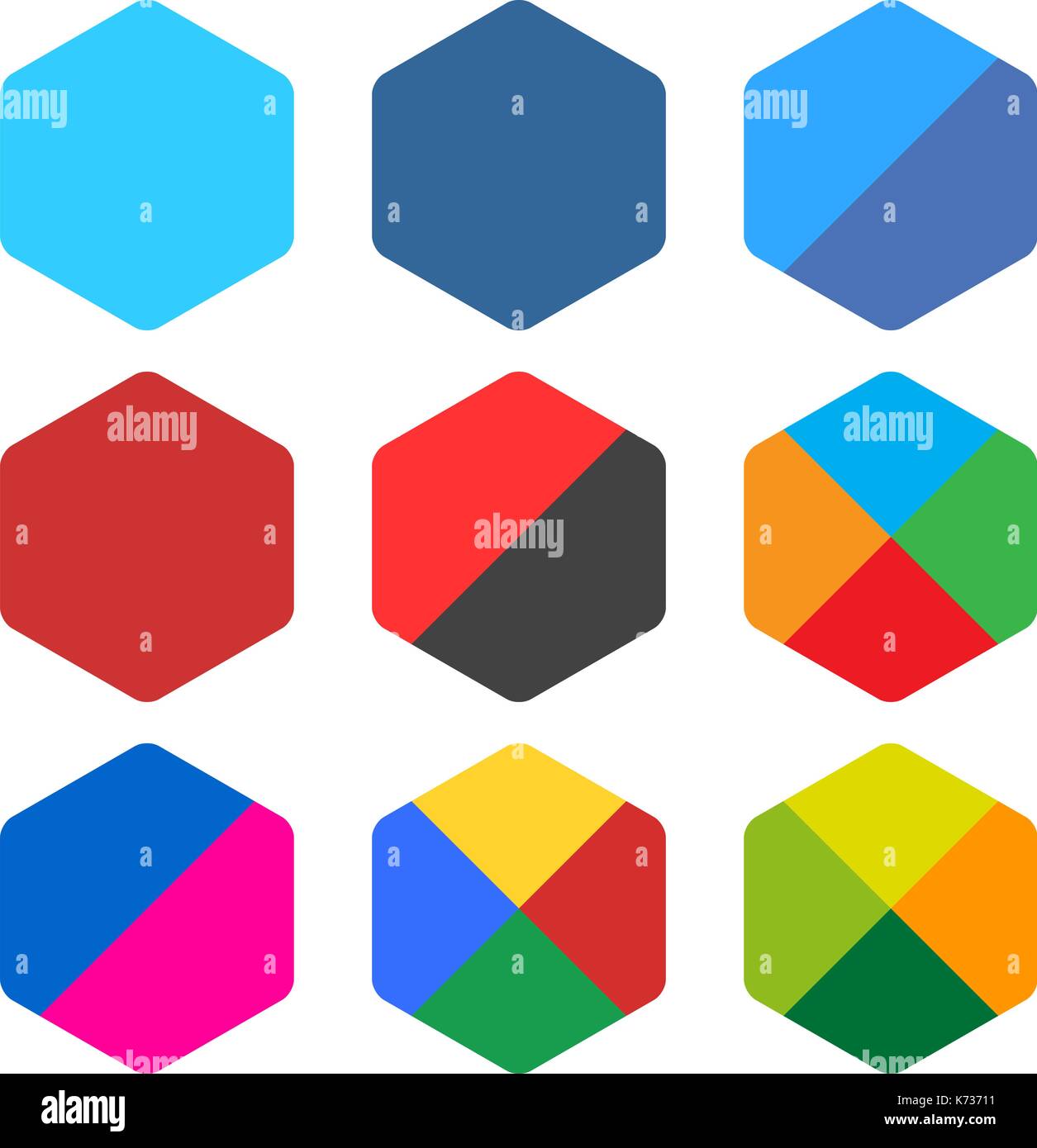 9 blank rounded hexagon icon set. Popular color web button on white background. Flat newest simple clean plain tidy solid style. Internet design Stock Vector