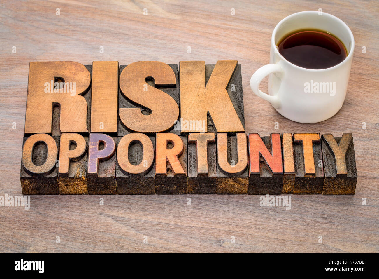 risk and opportunity word abstract in vintage letterpress wood type with a cup of coffee Stock Photo