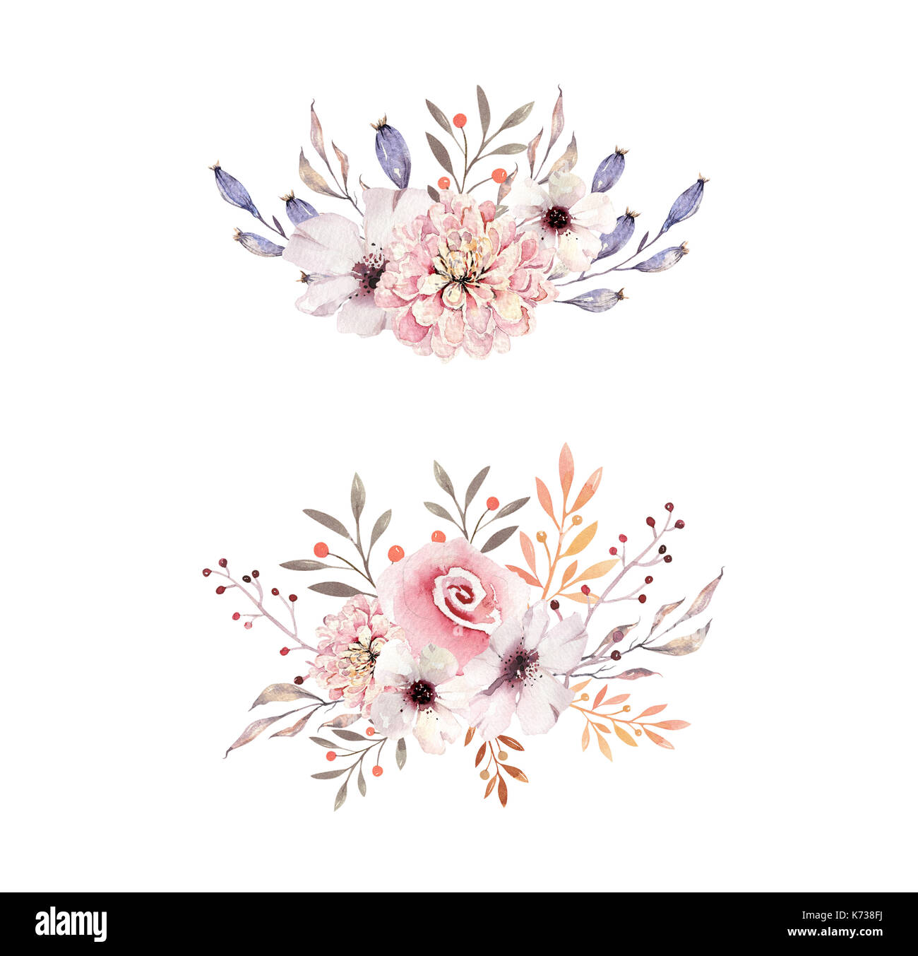 Set of watercolor boho floral bouquets. Watercolour bohemian natural