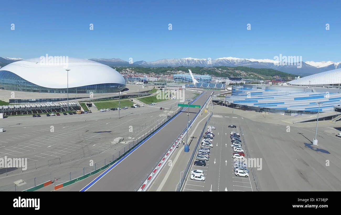 SOCHI, RUSSIA Construction of Bolshoy Ice Dome in Sochi, Russia for Winter Olympic Games 2014. Bolshoy ice Palace. Aerial central square in Olympic Park in Sochi, Russia. One year after XXII Winter Olympic Games. Stock Photo