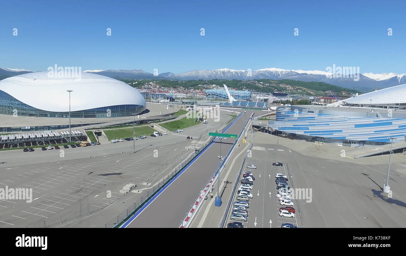 SOCHI, RUSSIA Construction of Bolshoy Ice Dome in Sochi, Russia for Winter Olympic Games 2014. Bolshoy ice Palace. Aerial central square in Olympic Park in Sochi, Russia. One year after XXII Winter Olympic Games. Stock Photo