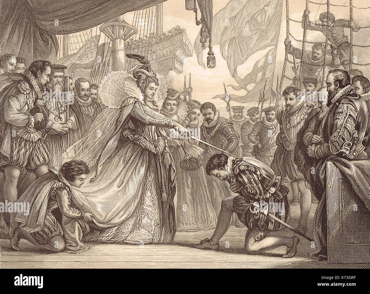 Queen Elizabeth I, knighting Sir Francis Drake, aboard Golden Hind, Deptford, England, 4 April 1581 Stock Photo