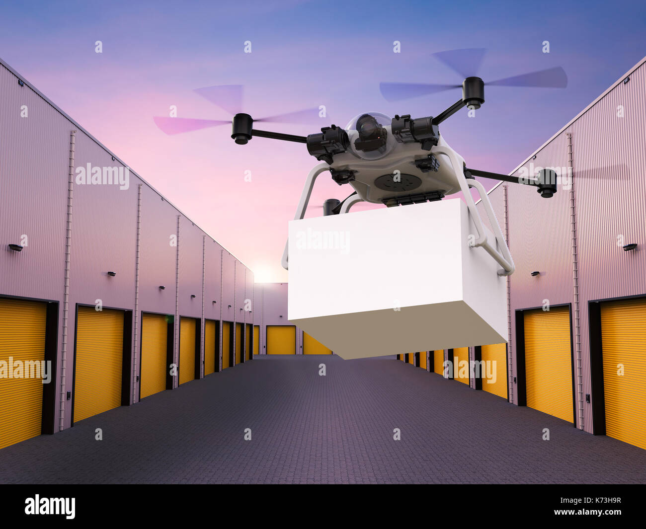 3d rendering delivery drone flying with box from warehouse Stock Photo ...
