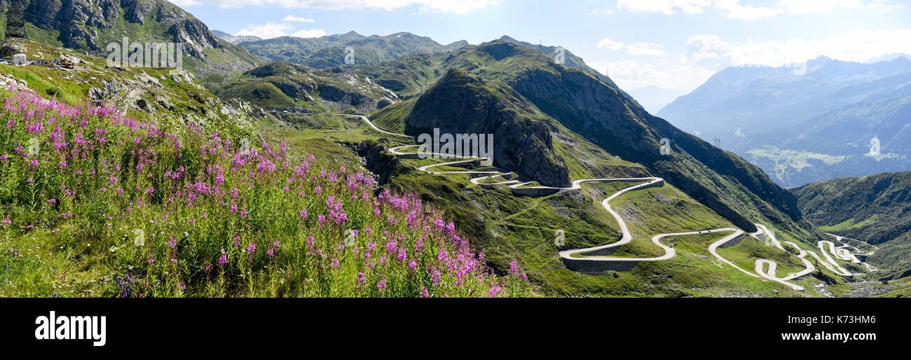 Tremola old road which leads to St. Gotthard pass on the Swiss alps ...