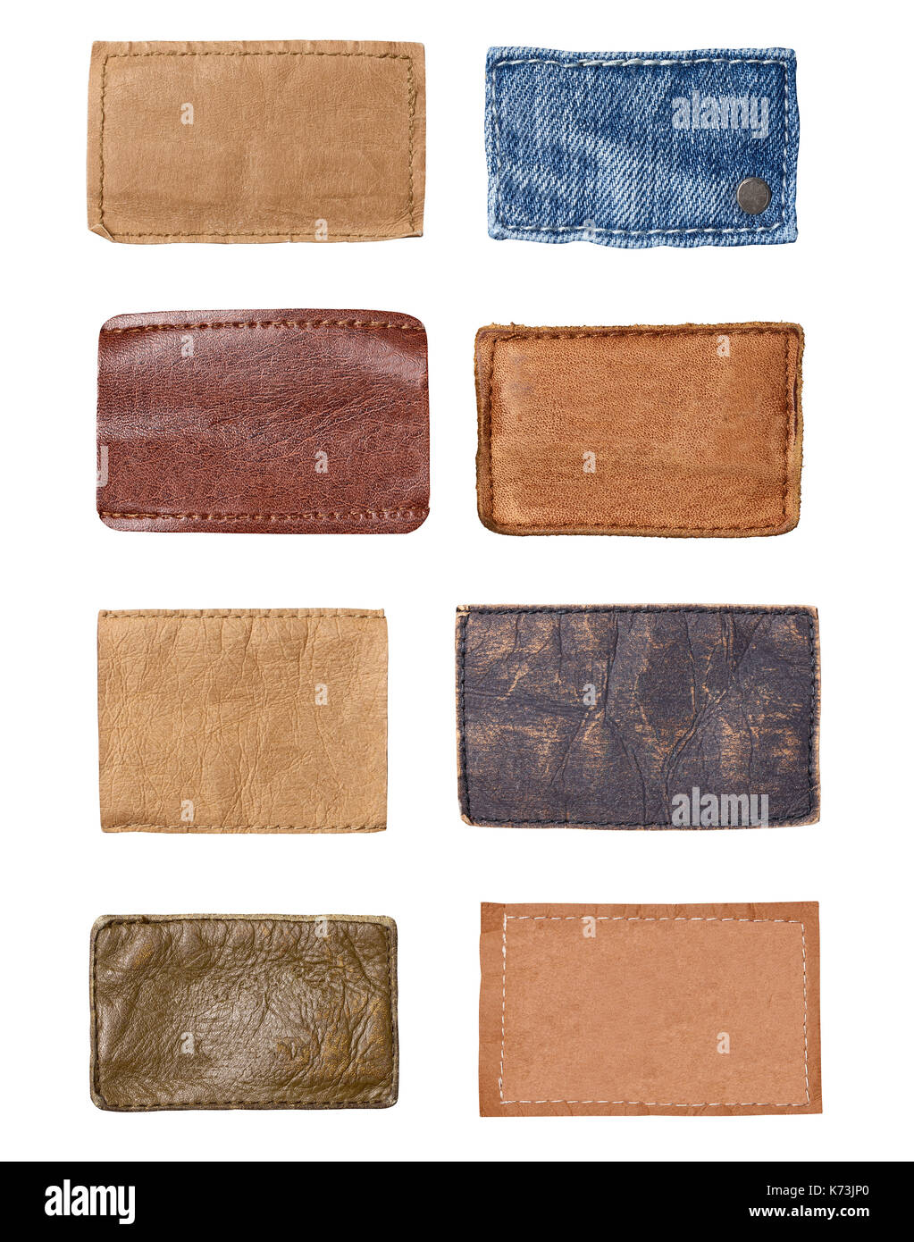 collection of various jeans labels on white background Stock Photo - Alamy