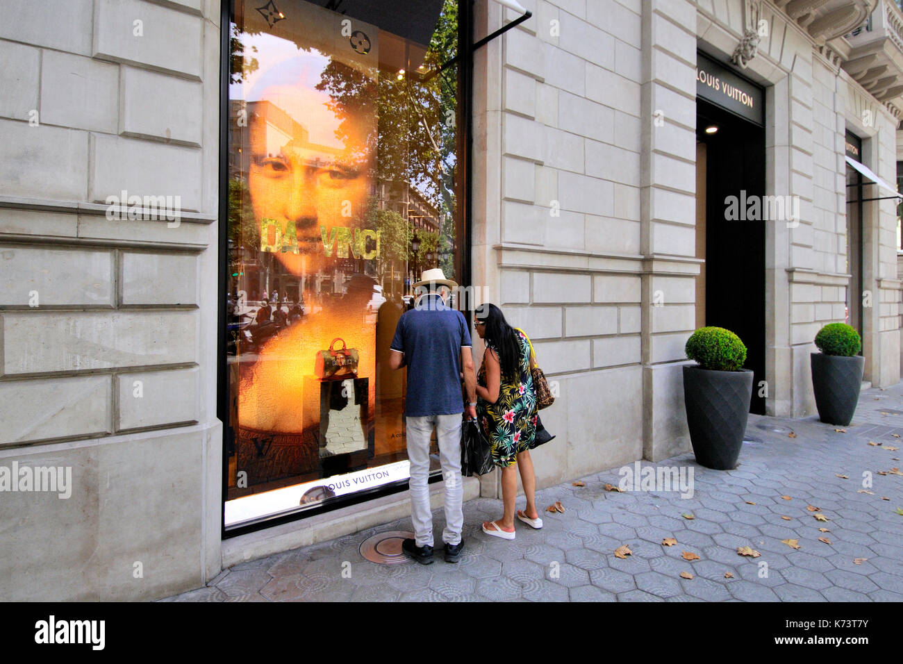Advertising at shop, Passeig de Gracia, Barcelona, Catalonia, Spain Stock Photo
