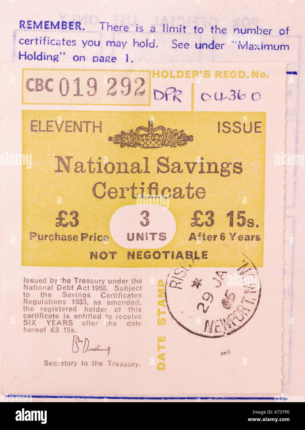 Pre-decimal British National Savings Certificate issued by UK Treasury in 1965 Stock Photo