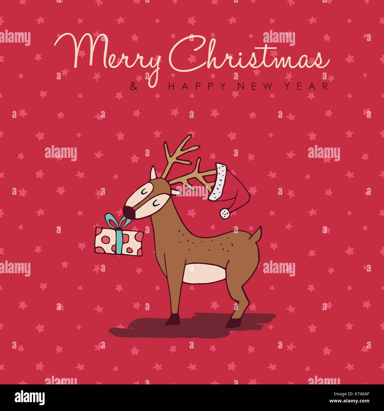 Merry Christmas New Year hand drawn reindeer greeting card illustration ...