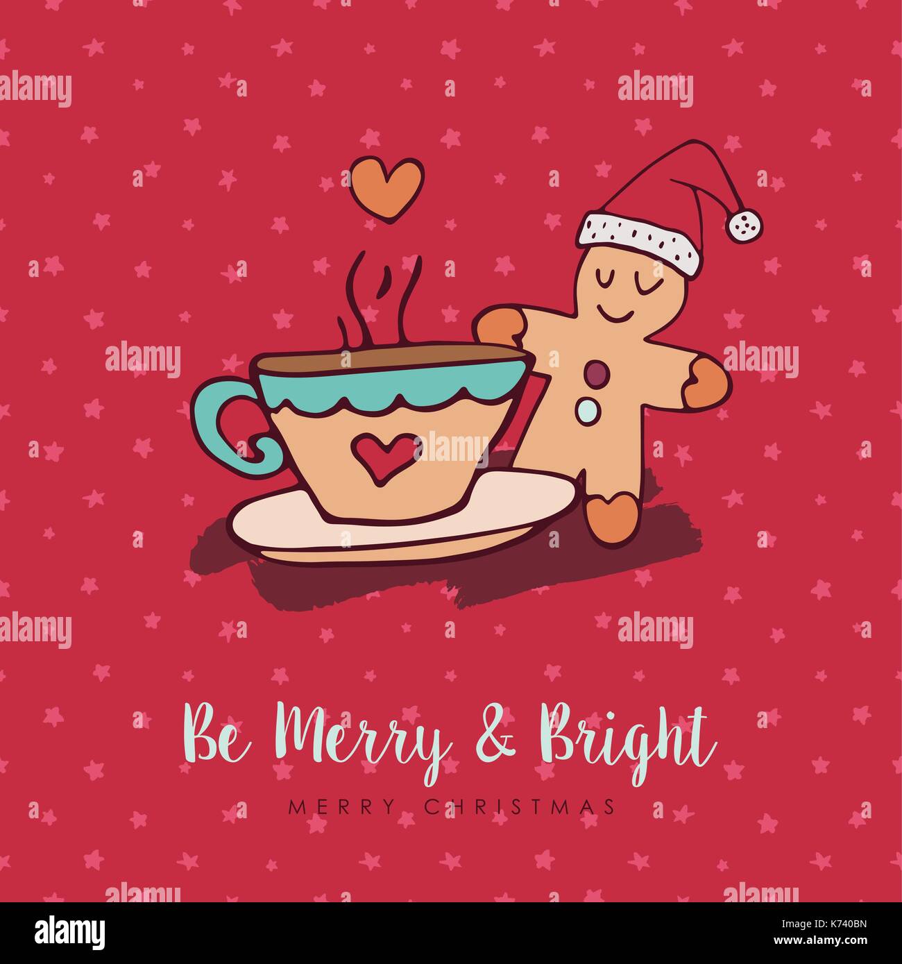 Merry Christmas red hand drawn winter food greeting card. Cute gingerbread man with hot cocoa mug and holiday typography quote. EPS10 vector. Stock Vector