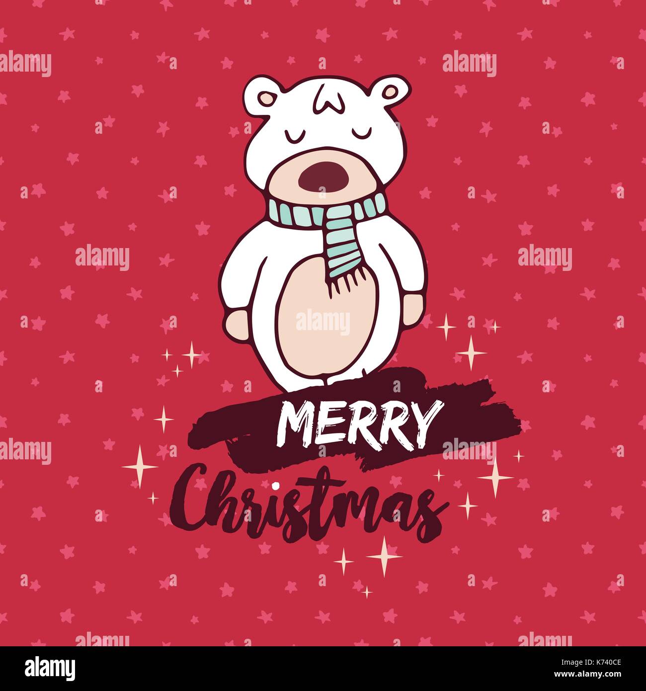 Merry Christmas red hand drawn greeting card. Cute baby polar bear cartoon with handwritten holiday quote. EPS10 vector. Stock Vector