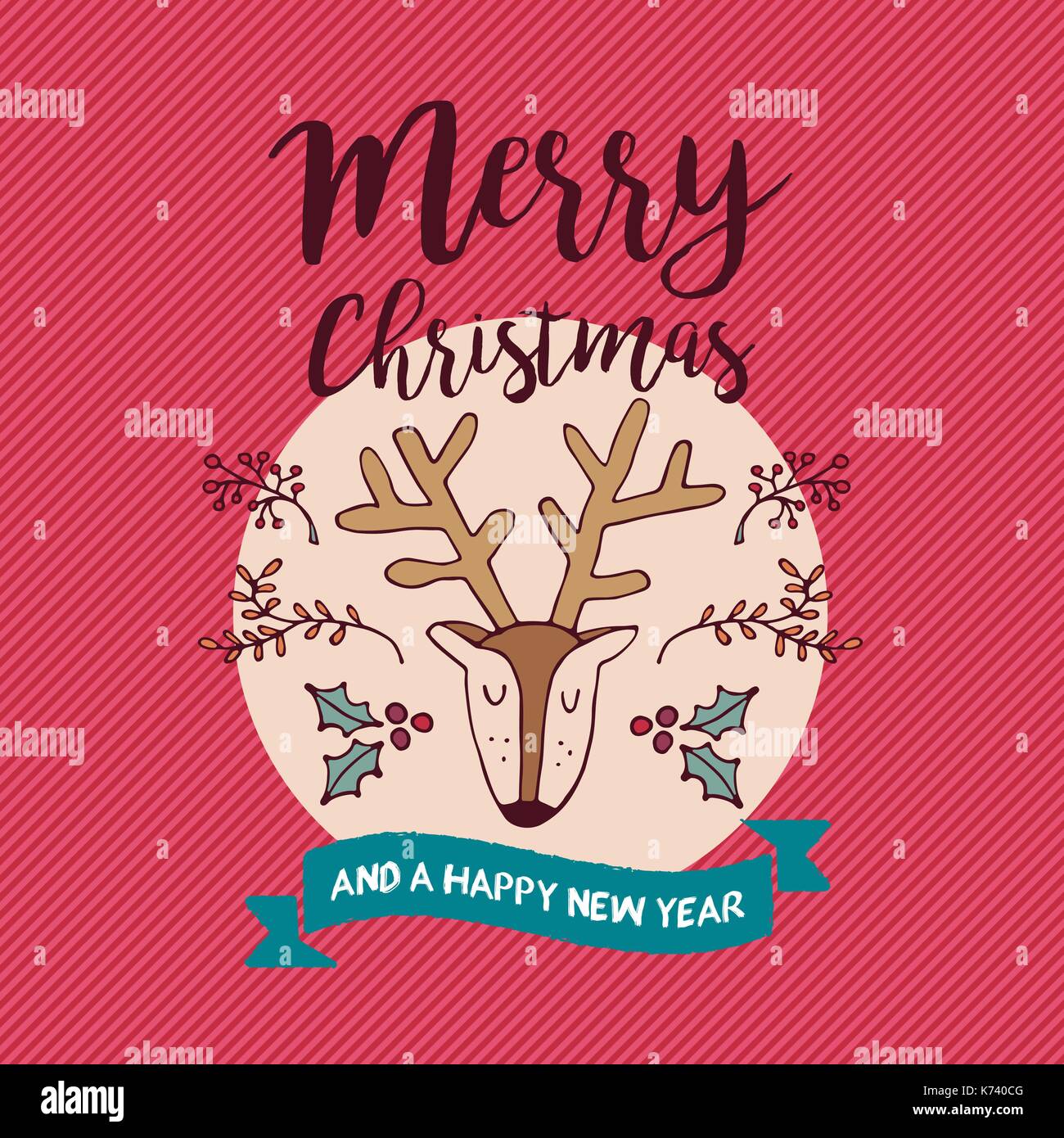 Merry Christmas New Year red hand drawn reindeer greeting card ...