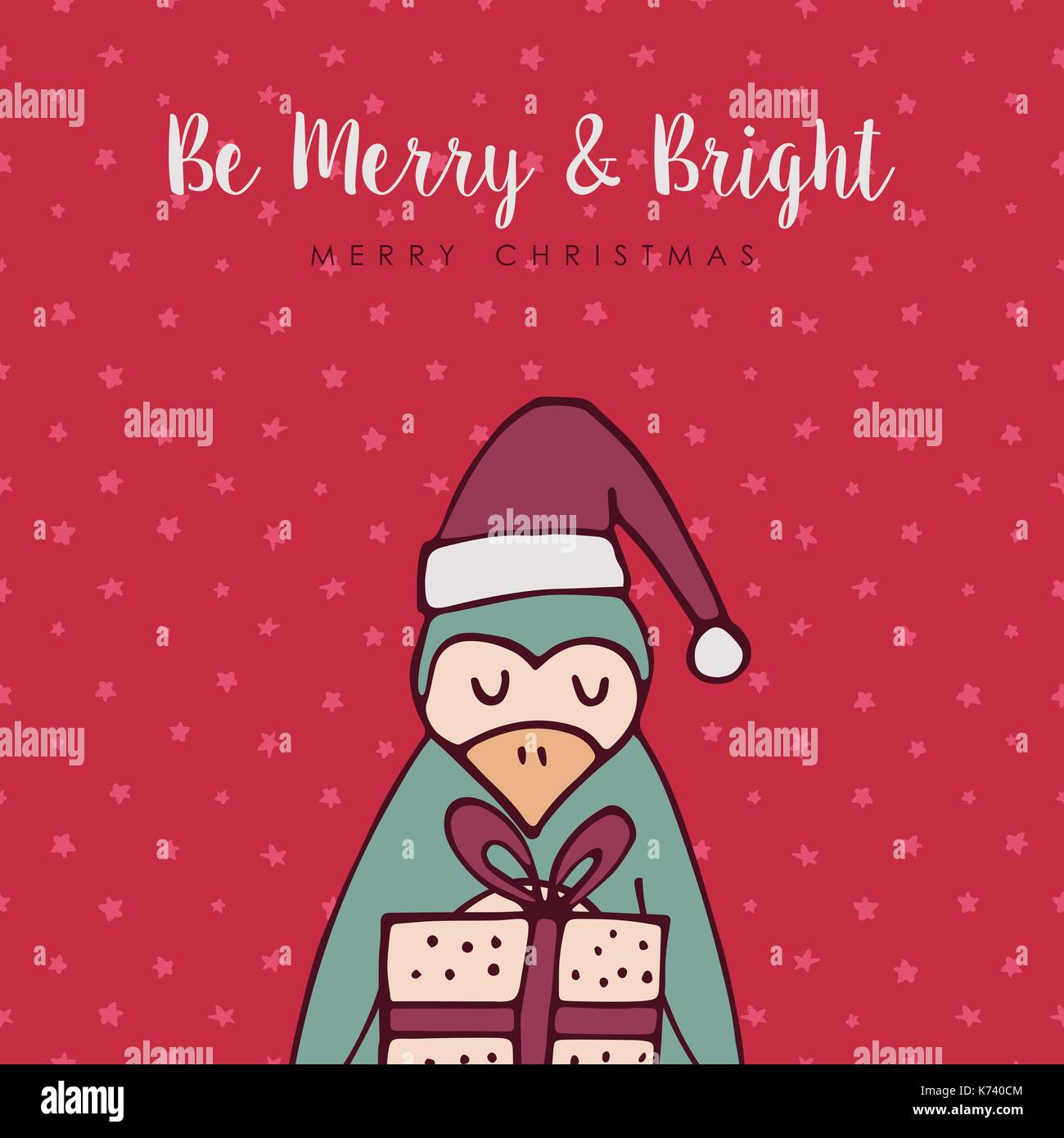 Merry Christmas hand drawn greeting card Cute penguin cartoon with santa hat text quote