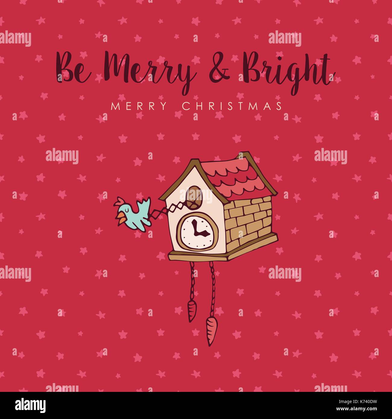 Merry Christmas hand drawn decoration greeting card. Cute bird clock cartoon with holiday typography quote. EPS10 vector. Stock Vector