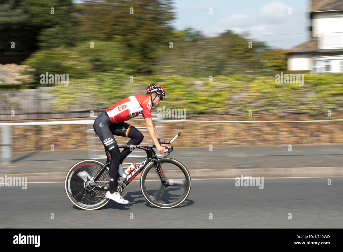 Cyclist from Lotto Soudal cycling team warming up before Tour of Britain cycle race 2017 stage 5 Clacton on sea. UK. Stock Photo