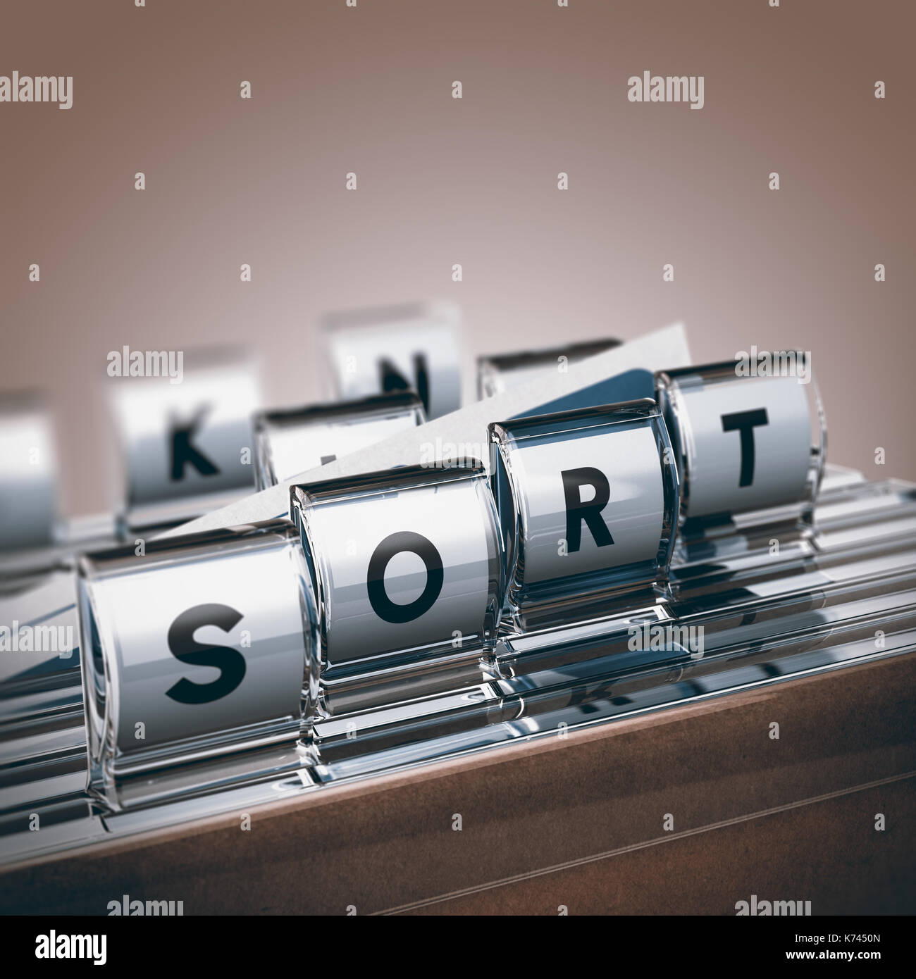 Close up of folders with one letter tabs forming the word sort. 3D illustration concept of paper documents sorting. Stock Photo