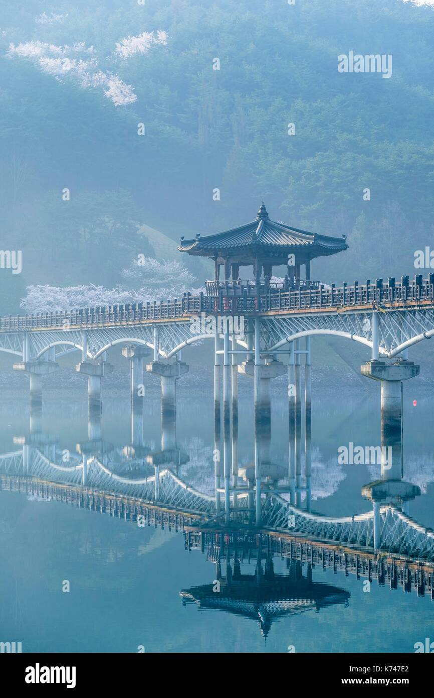 South Korea, North Gyeongsang province, Andong, Wolyeonggyo pedestrian wooden bridge over South Korea, North Gyeongsang province, Andong, Wolyeonggyo pedestrian wooden bridge over