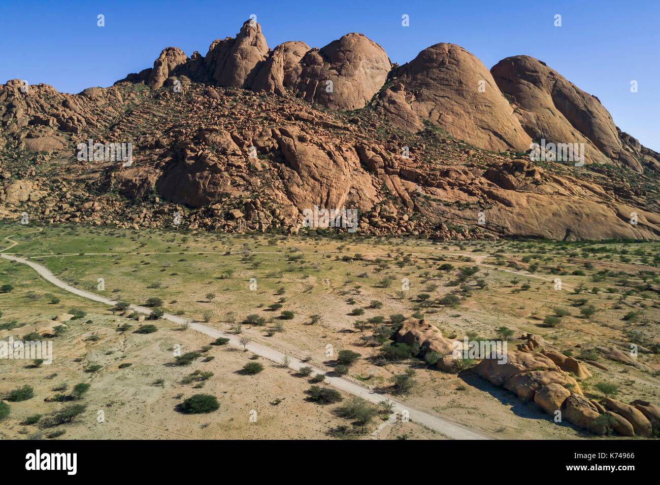 Namibia, Erongo region, Damaraland, the Great Spitzkoppe or Spitzkop (1784 m), granite mountain in the Namib Desert (aerial view) Stock Photo
