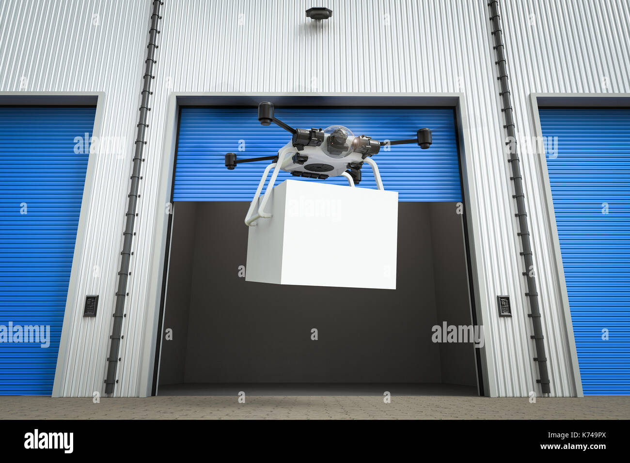 3d rendering delivery drone flying with box from warehouse Stock Photo ...