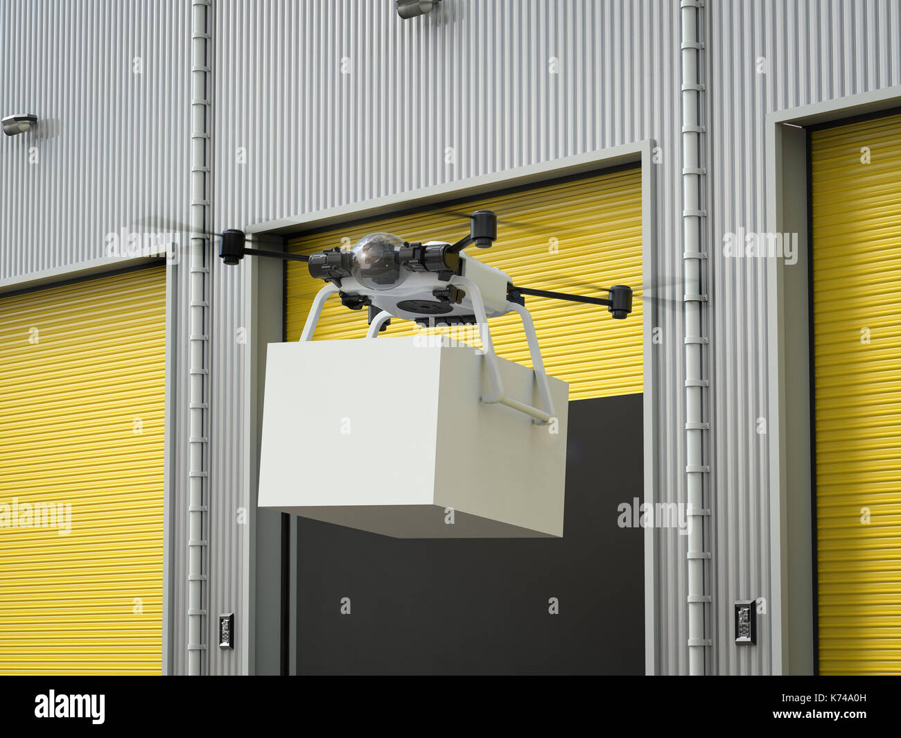3d rendering delivery drone flying with box from warehouse Stock Photo ...