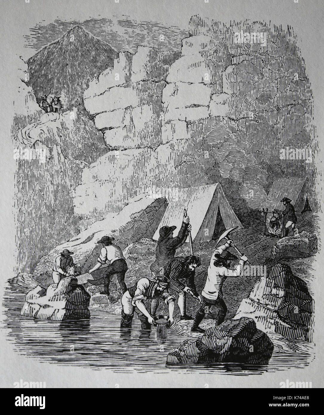 USA. 1st year of The Gold Rush. Group of prospectors. Historical Collections fo the Great West, 1851. Stock Photo